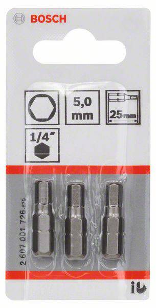 Drei Bosch Sechskant-Bits in Verpackung, Größe 5,0 mm, Länge 25 mm, 1/4 Zoll.
