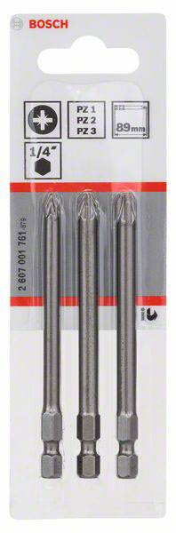 'Drei Bosch-Schrauberbits in einer Verpackung, geeignet für PZ 1, PZ 2 und PZ 3 Schrauben, Länge 89 mm, 1/4-Zoll-Anschluss.'