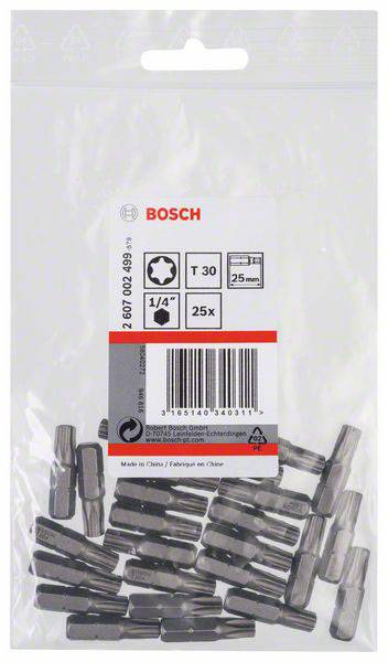 Plastikverpackung mit Bosch-Schraubbits, T30, 25 mm, 25 Stück, mit Barcode und Text: 'Made in China'.