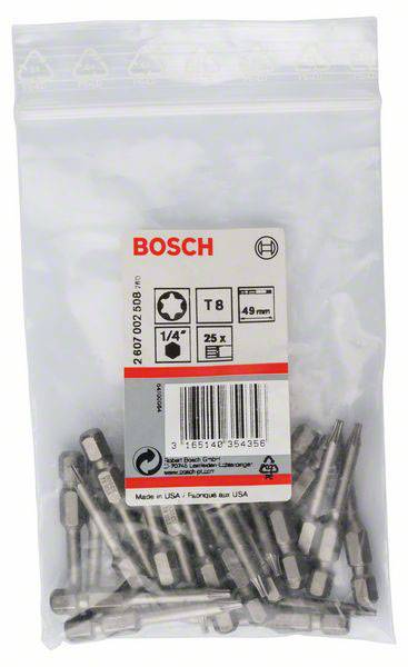 Ein transparenter Beutel mit Bosch Torx Schrauberbits, Größe T8, 49 mm Länge. Enthält 25 Stück. Verpackung zeigt Herstellungsdetails.