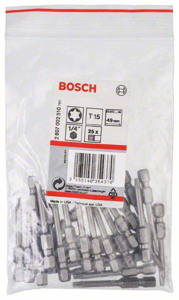 Eine durchsichtige Plastiktüte zeigt mehrere Schraubendrehereinsätze. Das Etikett enthält die Marke, Bosch, und Details zur Größe T15.