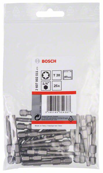 'Bosch' Bohrer-Set in transparenter Verpackung. Enthält 25 Stück T20 Bits, 1/4 Zoll, 49 mm Länge, für diverse Schraubanwendungen.