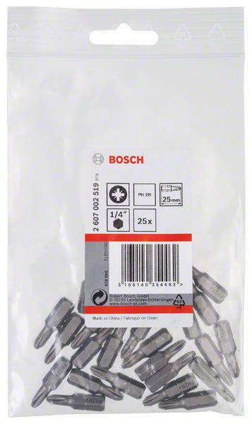 Eine Tüte mit 25 Bosch Schrauberbits, Typ PH2, für Schraubendreher. Verpackung zeigt das Bosch-Logo und Produktinformationen.