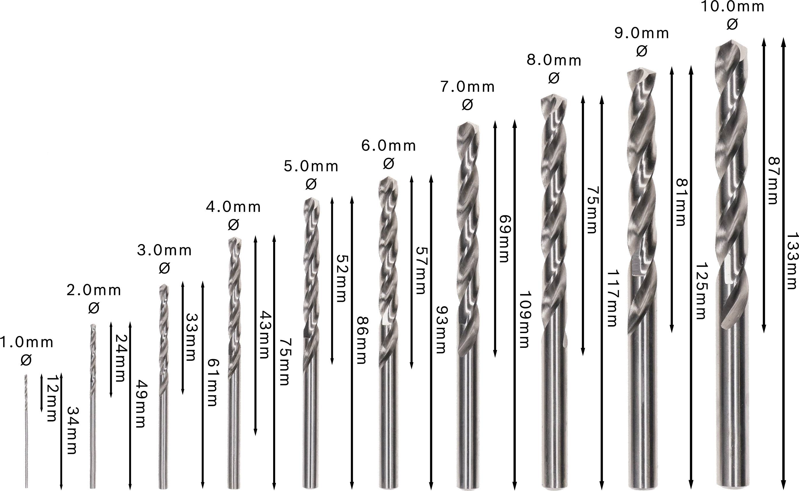 Bild mit zwölf Stahlbohrern. Größen von 1,0 mm bis 10,0 mm. Jeder Bohrer zeigt Durchmesser und Länge. Größer werdend von links nach rechts.