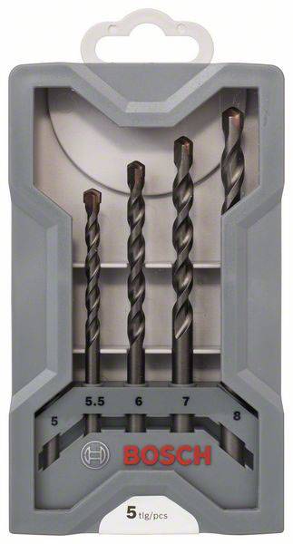 Vier Bohrer im Set von 'Bosch', mit Größen 5,5 bis 8 mm. Bild zeigt Verpackung mit grauem Rahmen und sichtbaren Metallspitzen.