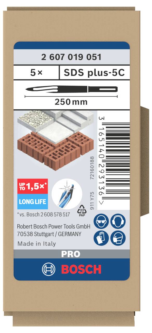 'Bosch SDS plus-5C Bohrerpackung, 5 Stück, 250 mm Länge. Geeignet für Beton und Ziegel. Hergestellt in Italien.'