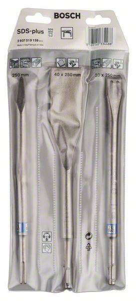 Drei SDS-plus Bohrer von Bosch in einer durchsichtigen Verpackung. Links ein Flachmeißel, Mitte ein Brecheisen, rechts ein Spitzmeißel.