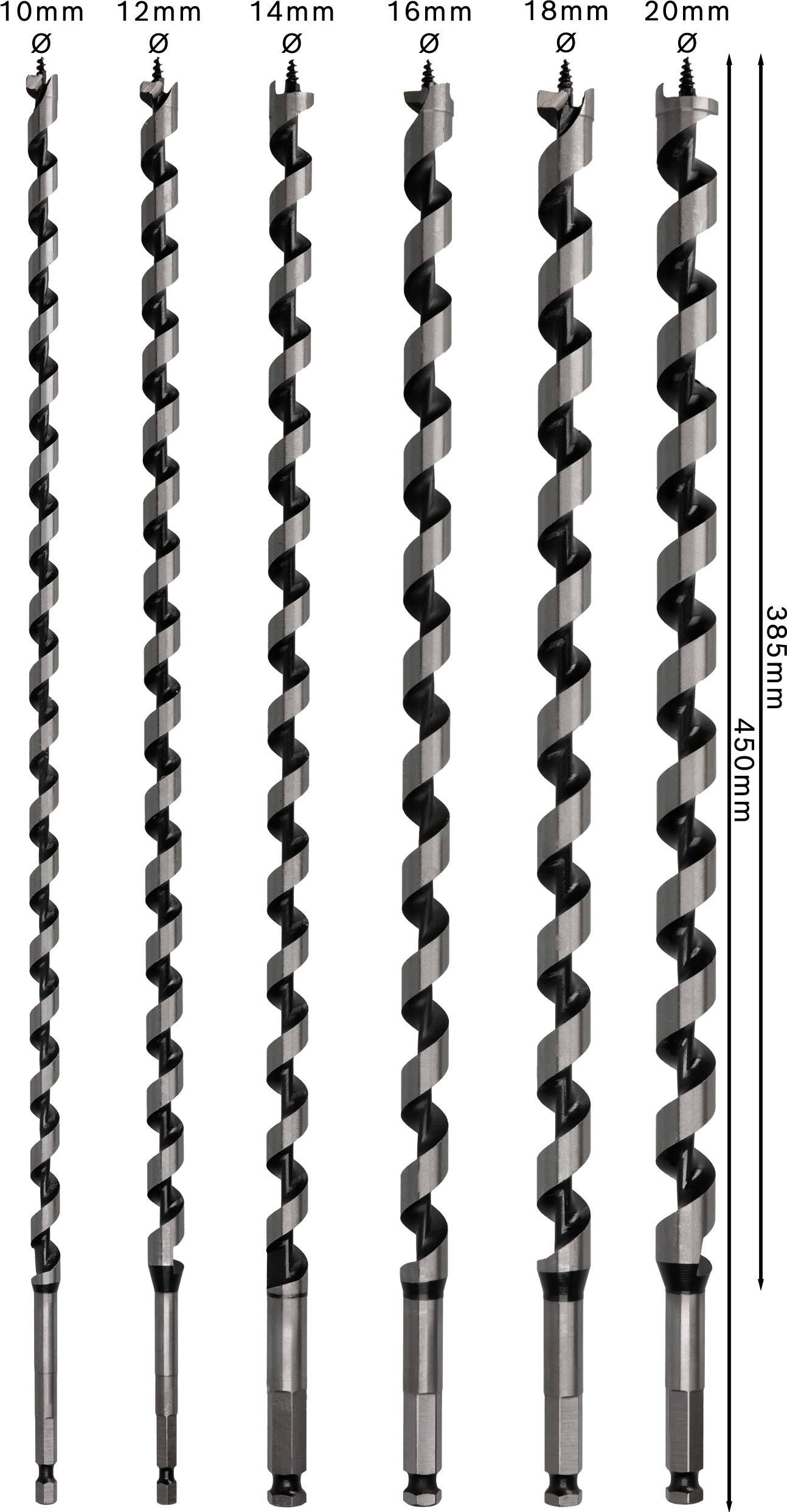 'Acht Holzbohrer in verschiedenen Durchmessern von 10 mm bis 20 mm, mit Längen von 385 mm und 450 mm, nebeneinander angeordnet.'