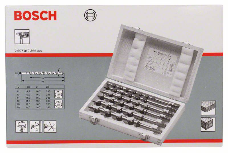 Satz mit Bohrern von Bosch in einem geöffneten Koffer, inklusive Größentabelle und Piktogrammen für Anwendungsbereiche.