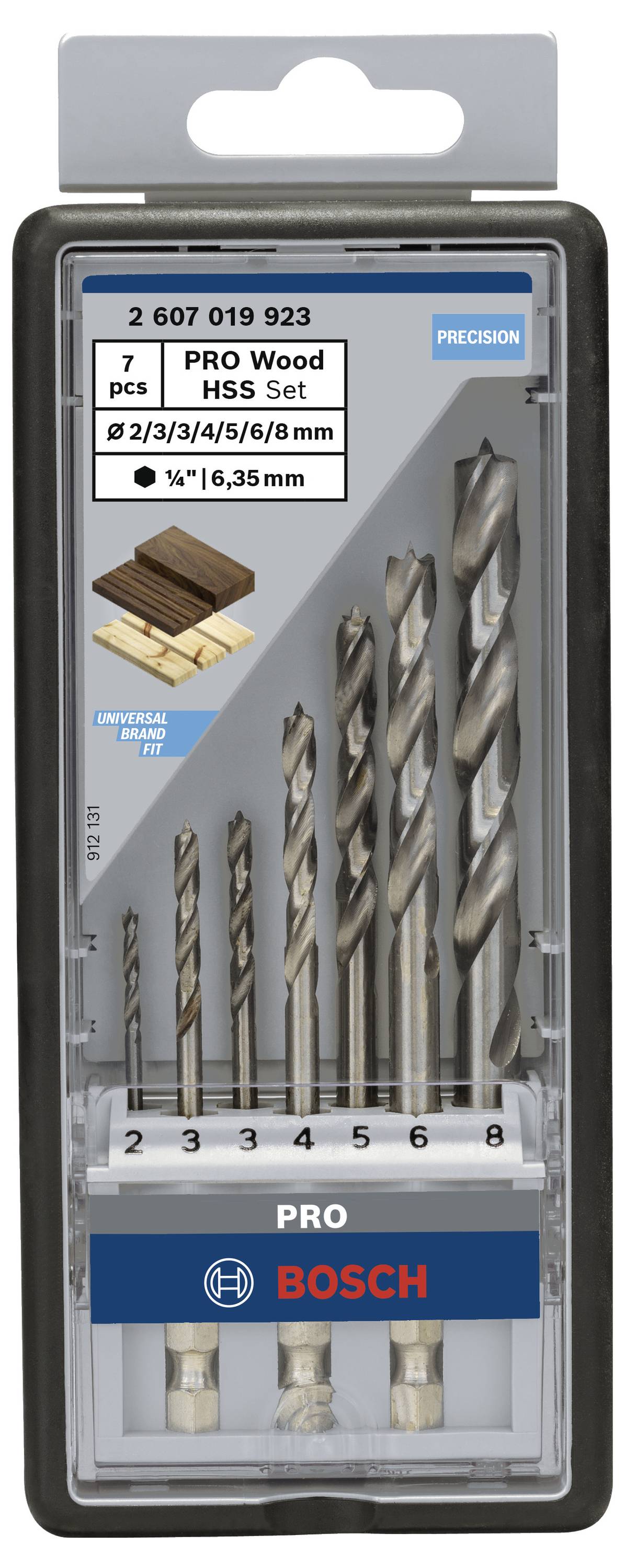 Bohrer-Set mit 7 Teilen für Holz, Größen Ø2-8 mm und 1/4"-6,35 mm, verpackt in einer transparenten Kunststoffhülle. Markenname "Bosch".