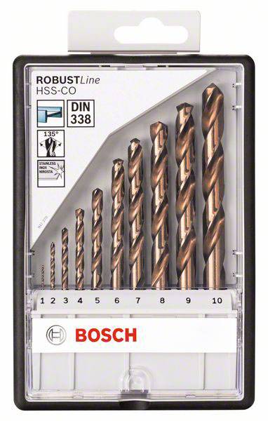 Satz mit zehn HSS-CO-Bohrern verschiedener Größen von 1 bis 10 mm in Kunststoffverpackung, Marke 'Bosch', für Metallbearbeitung.