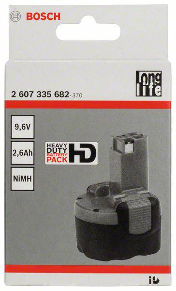 Schwarzer Bosch-Akku auf grauer Verpackung, '9,6V 2,6Ah NiMH' Spezifikationen, Markenname oben links, 'Long Life' und 'Heavy Duty' Symbole rechts.