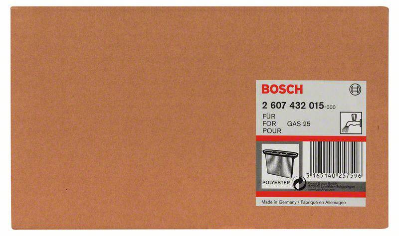 Staubsaugerbeutel-Verpackung von Bosch, Modellnummer '2 607 432 015', geeignet für 'GAS 25'. Hergestellt in Deutschland.
