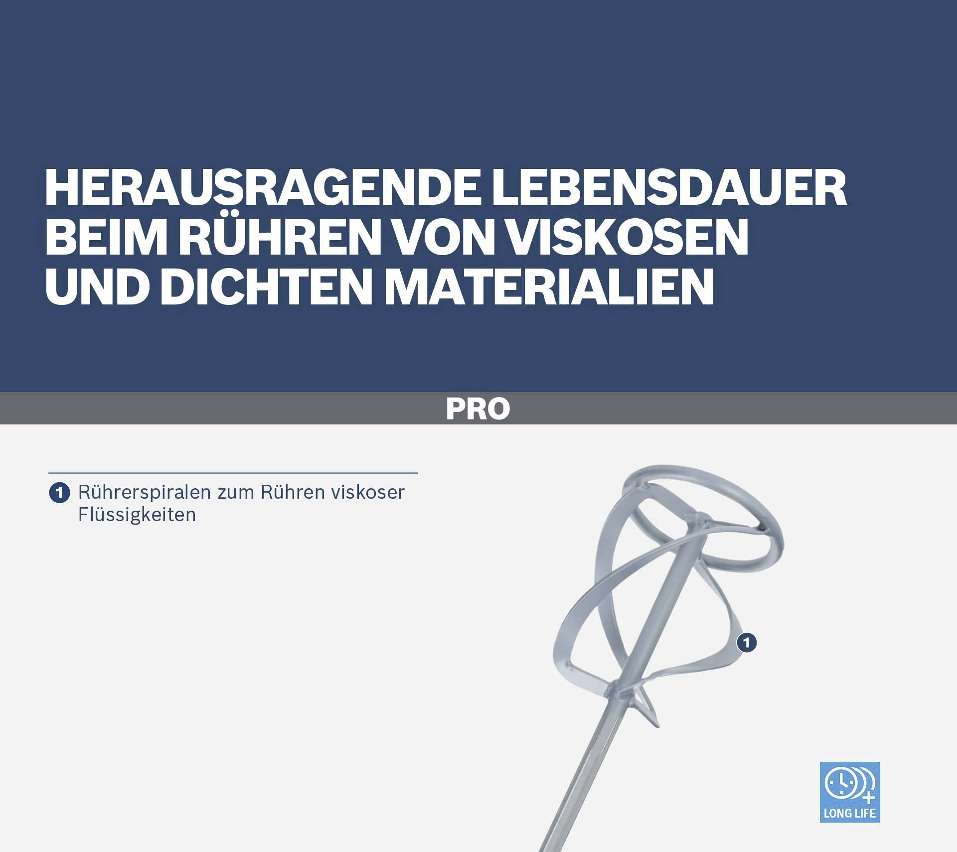Herausforderung: Lange Lebensdauer beim Rühren von viskosen, dichten Materialien. Abbildung: Rührer mit Beschriftung 'PRO'.