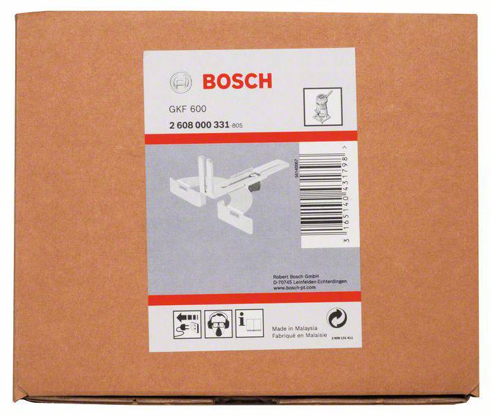 Ein brauner Karton mit dem Bosch-Logo. Enthält das Modell 'GKF 600', hergestellt in Malaysia. Verpackung zeigt schematische Abbildung des Inhalts.