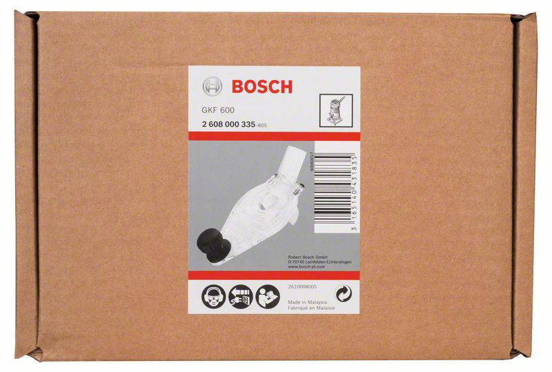 Ein brauner Karton mit Bosch GKF 600 Etikett und Barcode. Enthält Produktinformationen und Markenlogo, mit Grafiken unten.