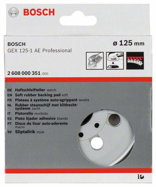 Bosch Verpackung eines 125 mm Haftschleiftellers. Text in mehreren Sprachen beschreibt das Produkt als 'Soft rubber backing pad'.