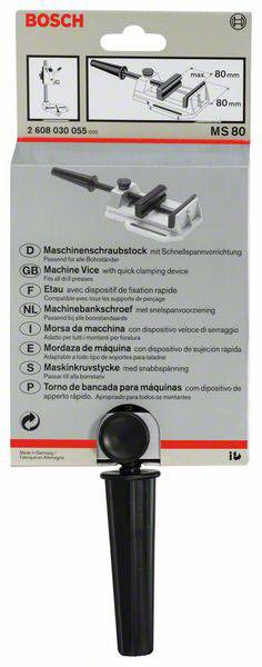 Verstellbarer Maschinenschraubstock von Bosch für Maschinen mit schematischer Darstellung und Spezifikationen (max. 80 mm).