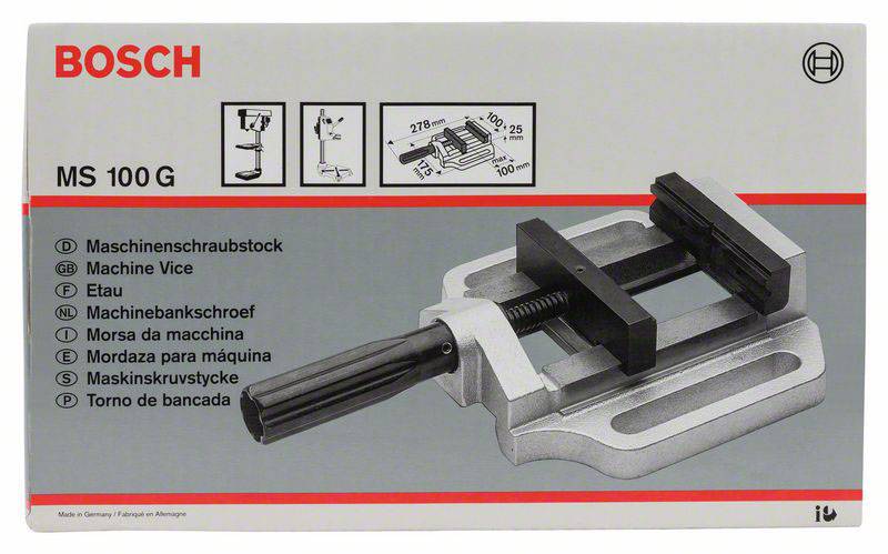 'Bosch MS 100 G' Maschinen-Schraubstock; Abbildung zeigt Schraubstock mit Montageanleitung und technischen Details.