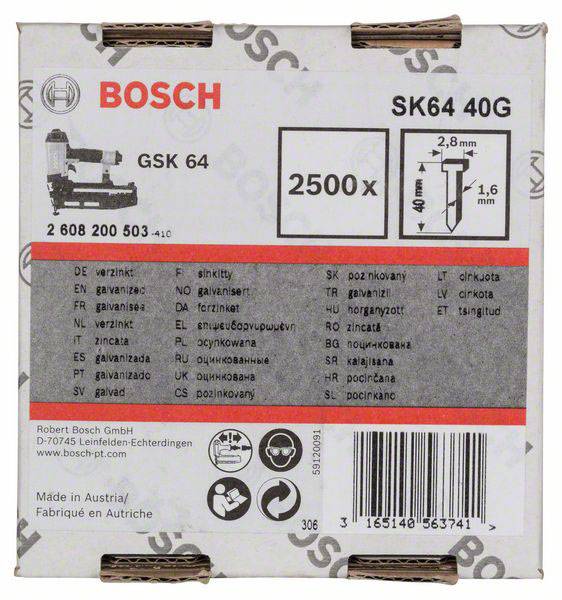 'Bosch GSK 64 Nagelpistole' Verpackung mit Modellnummer, Kapazität von 2500 Stück und technischen Spezifikationen in mehreren Sprachen.