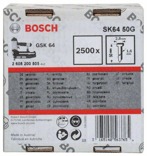 Ein Karton Bosch Nägel GSK 64, Größe SK64 50G, beinhaltet 2500 Nägel. Hauptmerkmale in mehreren Sprachen aufgelistet.