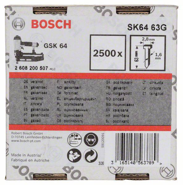 Schachtel mit Bosch Heftklammern, Modell SK64 63G, 2500 Stück, 2,8 mm Breite, 1,6 mm Stahldraht. Mehrsprachige Beschreibung. Made in Austria.