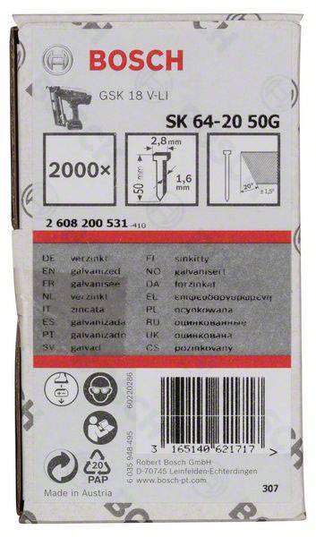 Verpackung von Bosch Nägeln, Modell SK 64-20 50G, 2000 Stück. Detaillierte Angaben zu Größe und Materialien in mehreren Sprachen. Made in Austria.
