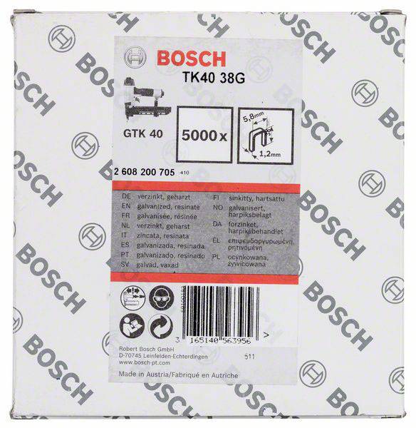 'Bosch TK40 38G' Karton mit 5000 verzinkten Nägeln. Auflistung von Spezifikationen und Herstellerinformationen, 'Made in Austria'.