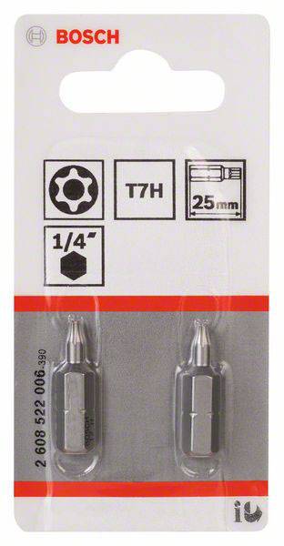 Verpackung für Bosch T7H Schraubbits, 25 mm Länge. Zwei Bits im Blister, geeignet für 1/4 Zoll Aufnahme, abgebildet mit Symbolen.