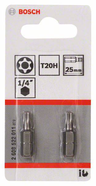 'Bosch T20H' Torx-Bits, zwei Stück, 25 mm, für 1/4 Zoll Aufnahme. Verpackung zeigt das Bosch-Logo und Produktinformationen.