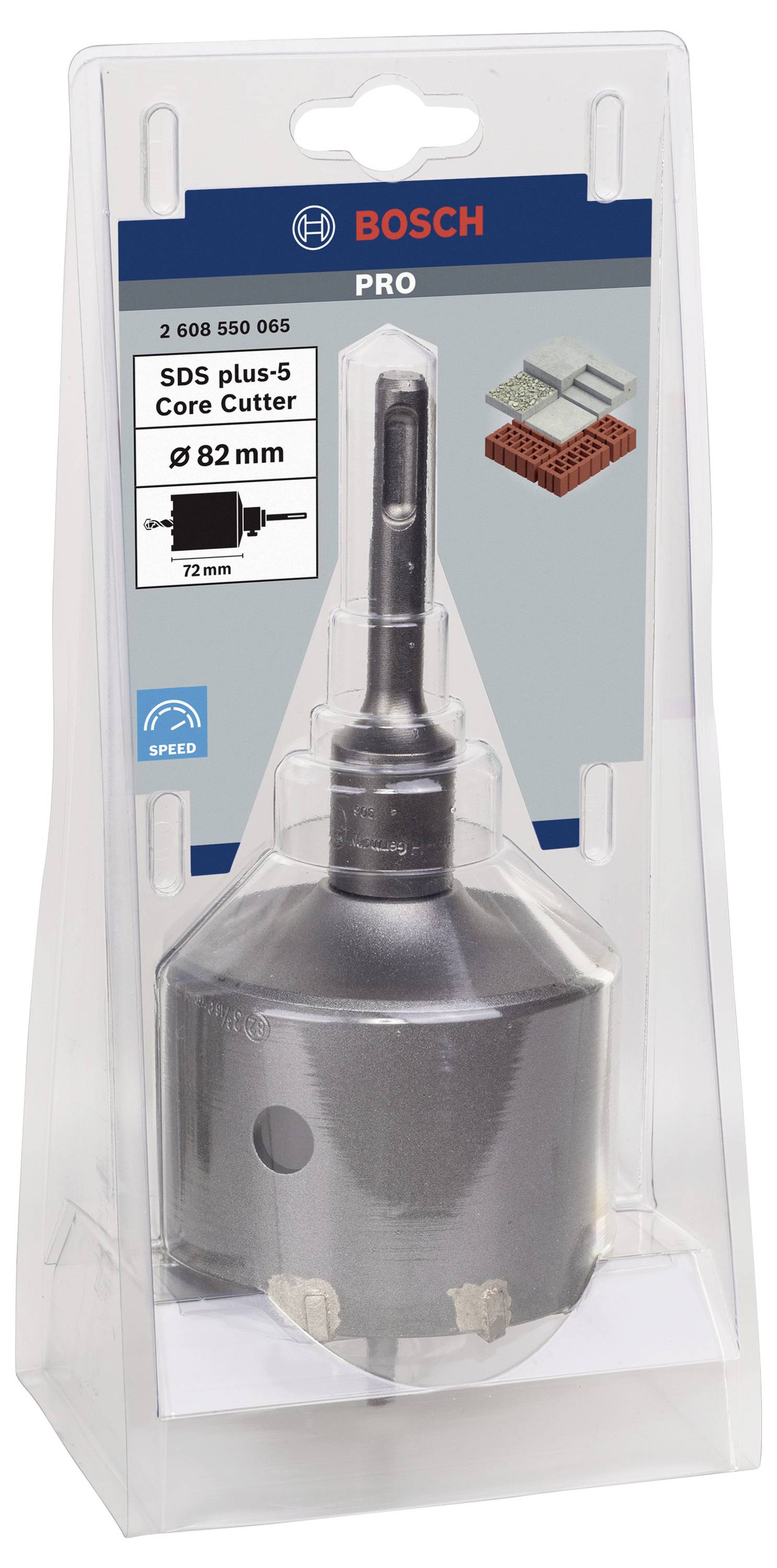 'Bosch SDS plus-5 Kernbohrer, 82 mm Durchmesser, für Beton und Mauerwerk. Verpackung zeigt das Bohrwerkzeug einsatzbereit.'