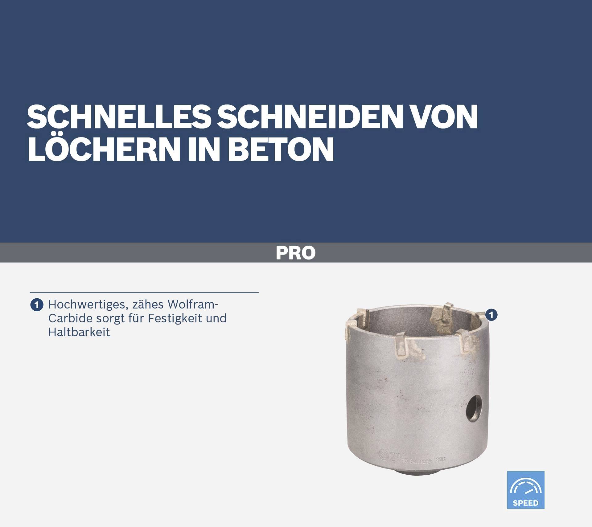'Ein Werkzeug zum schnellen Schneiden von Löchern in Beton aus hochwertigem, zähem Wolfram-Carbide sorgt für Festigkeit und Haltbarkeit.'