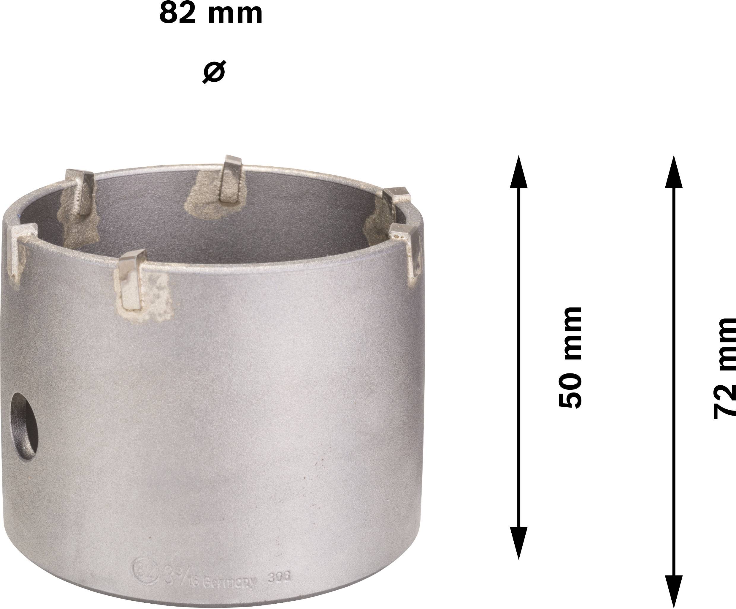 'Bohrkrone mit einem Durchmesser von 82 mm und einer Höhe von 72 mm. Einsetzen kann man sie für Bohrungen bis 50 mm Tiefe.'