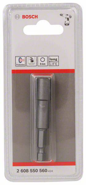 Bithalter in einer Blisterverpackung von Bosch, geeignet für 8 mm Bits. Enthält Symbole für Schutz, Magnet und lange Lebensdauer.