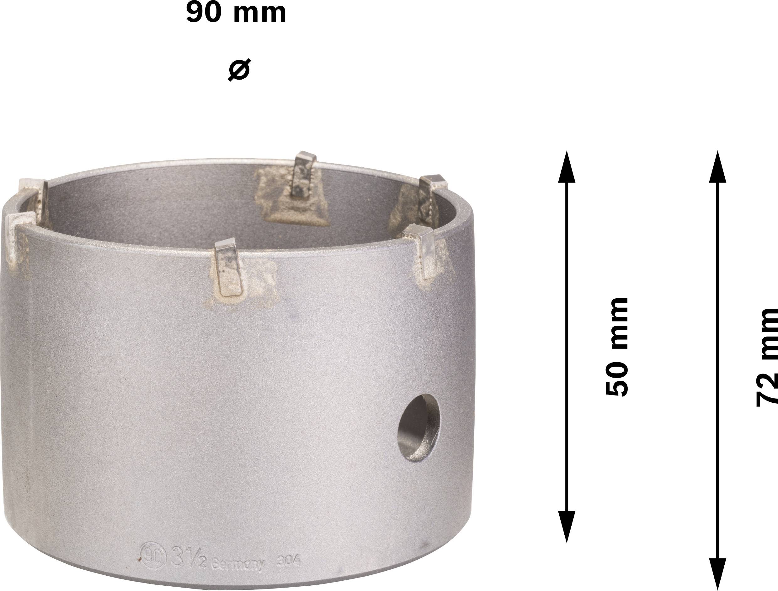 Eine runde Metallsägekrone mit einem Durchmesser von 90 mm und einer Höhe von 50 mm, abgebildet neben einer Höhenmarkierung von 72 mm.