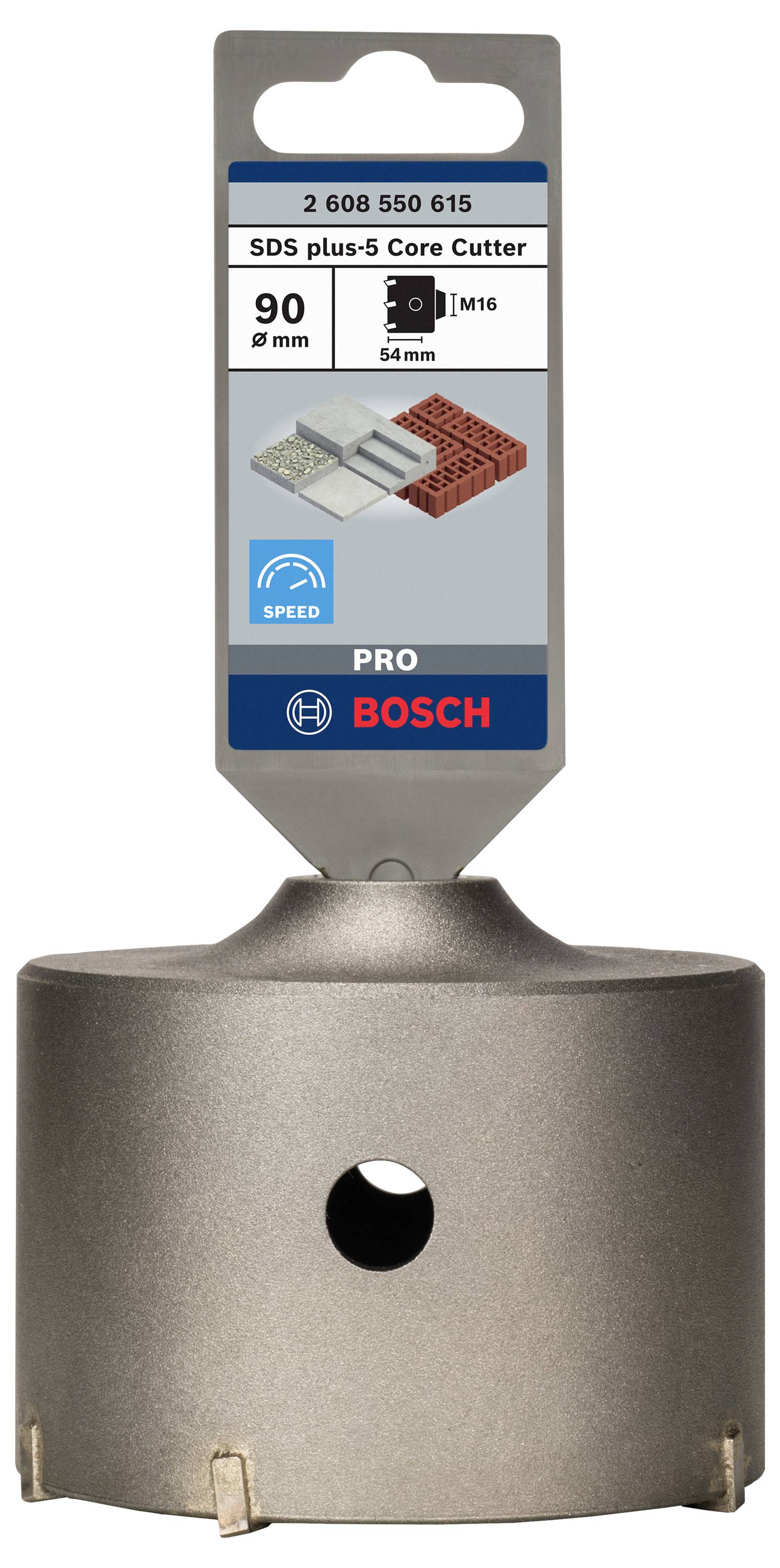 Ein Bohrkronenaufsatz von Bosch mit 90 mm Durchmesser, geeignet für Beton und Ziegel, inklusive Verpackung mit Produktinformation.