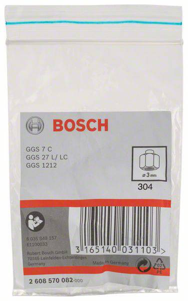 Plastiktüte mit Bosch-Logo, Text 'GGS 7 C', 'GGS 27 L/LC', 'GGS 1212', mit Barcode und Symbol: drei Punkte, Abstand 3 mm.
