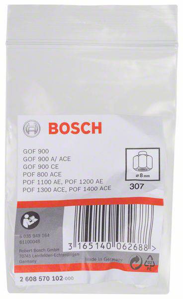Tüte mit Bosch-Ersatzteilen. Aufschrift: 'GOF 900, GOF 900 A/ACE, GOF 900 CE, POF 800 ACE...' und Strichcode. Hersteller: Robert Bosch GmbH, Deutschland.