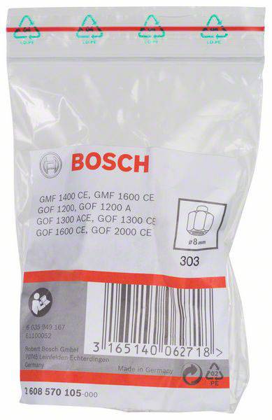 Kunststoffverpackung mit Bosch-Logo, enthält Ersatzteil für Fräse. Text: 'GMF 1400 CE, GMF 1600 CE'. Strichcode unten.