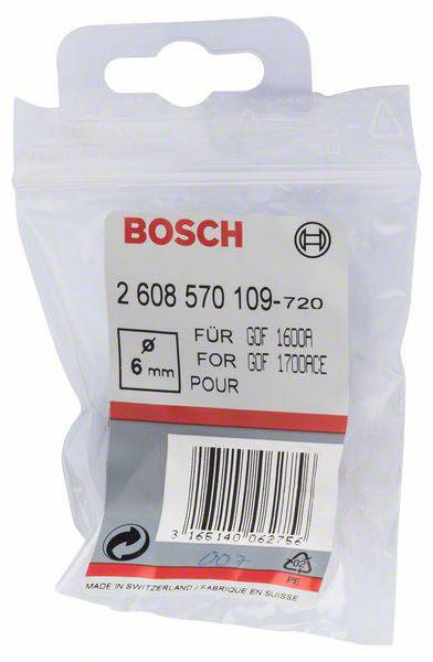 Verpackung für Bosch 6 mm Zubehör, kompatibel mit GOF 1600A und GOF 1700ACE, mit Barcode und Text 'Made in Switzerland'.