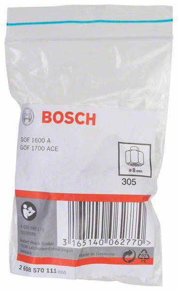 Durchsichtige Plastiktüte mit Bosch-Logo, enthält Produkt 'GOF 1600 A' und 'GOF 1700 ACE'. Linie von 8 mm, Barcode unten.