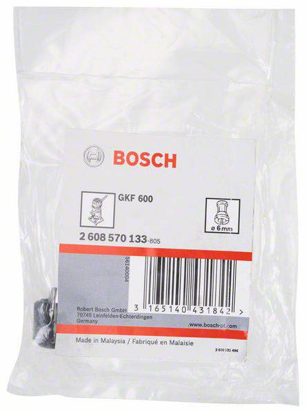 Eine transparente Verpackung, die einen Bosch GKF 600 Fräseraufsatz enthält. Das Etikett zeigt Barcode, Produktspezifikationen und Herkunft.