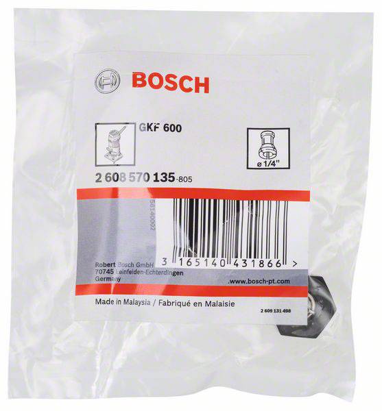 Eine Verpackung mit Bosch-Logo, Produkt 'GKF 600' und Barcode. Enthält Information über Fertigungsland: Malaysia.