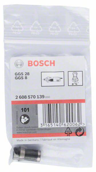 Eine Plastikverpackung von Bosch mit der Aufschrift 'GGS 28 GGS 8'. Darin befindet sich ein Metallersatzteil. EAN-Code und Recycling-Symbole sind sichtbar.
