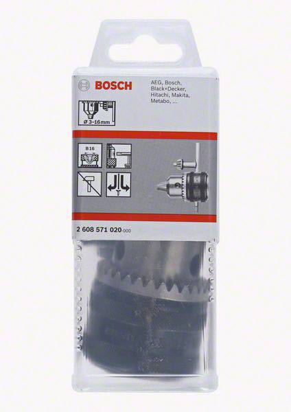 Eine Verpackung mit einem Bohrfutter von Bosch, kompatibel mit verschiedenen Bohrmaschinenmarken wie AEG, Black+Decker und Metabo.