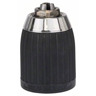 Ein schwarzes, geripptes Schnellspannbohrfutter mit silbernen Metallakzenten. Unten stehen die Worte 'Grip' und 'Release'.