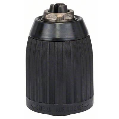 Ein schwarzes Schnellspannbohrfutter mit geripptem Design und der Beschriftung 'Grip zu' und 'Auf Release'.