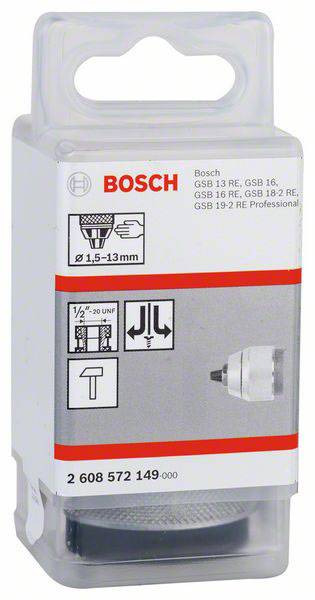 Verpackung eines Bohrfutters von Bosch. Geeignet für GSB 13 RE, GSB 16, GSB 16 RE, GSB 18-2 RE und GSB 19-2 RE Professional.