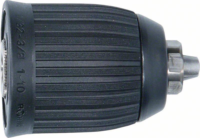 Schwarzes Schnellspannbohrfutter für Bohrmaschine. Vertikale Riffelung für besseren Griff. Unterstützt Bits von 1 bis 10 mm.