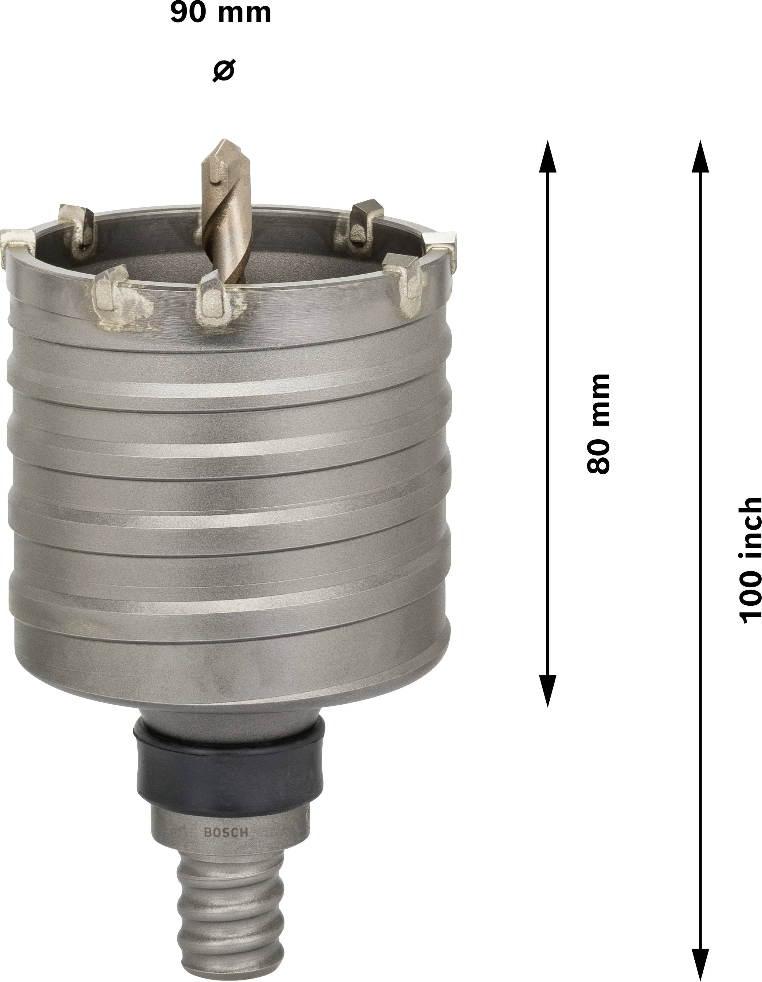 'Metall-Lochsäge, 90 mm Durchmesser und 80 mm Tiefe, mit Bohrspitze in der Mitte. Maße in Zoll und Millimeter angegeben.'